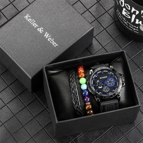 Keller & Weber 2021 New Watch Set Quartz Mens Watch with Fashion Beaded Leather Rope Bracelet Male Birthday Present Box Set