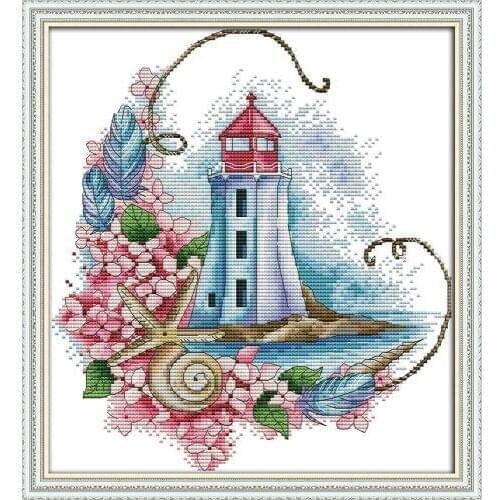 NKF Starfish Lighthouse Stamped Cross Stitch Patterns DIY Kits Scinery Needlework Embroidery Sets for Home Decor