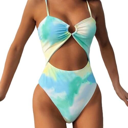 2021 New Womens 1 Piece Swimsuits Sexy Sleeveless Cut Out Ring Front Tie Dye Print Swimwear Monokini Female Summer Bathing