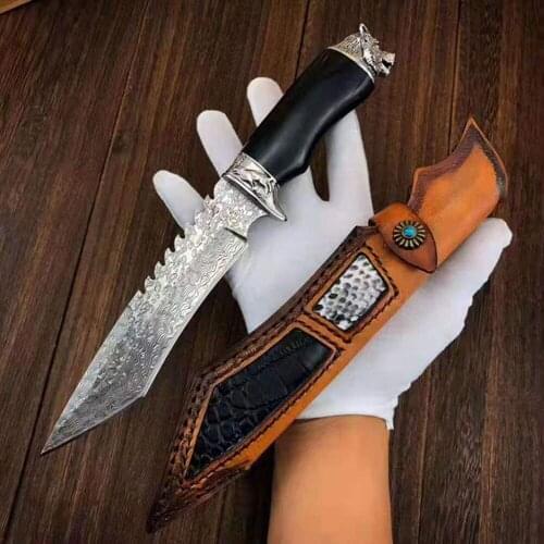Damascus steel Blade Tactical Straight Knife Wolf Shape Steel Head and Ebony Handle Camping Outdoor Survival Pocket Knife
