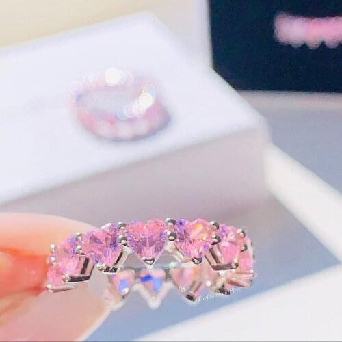 Pink White Heart Shaped Cubic Zirconia CZ Engagement Band Ring Full Heart Stone Eternity Finger Bands US #5-#9