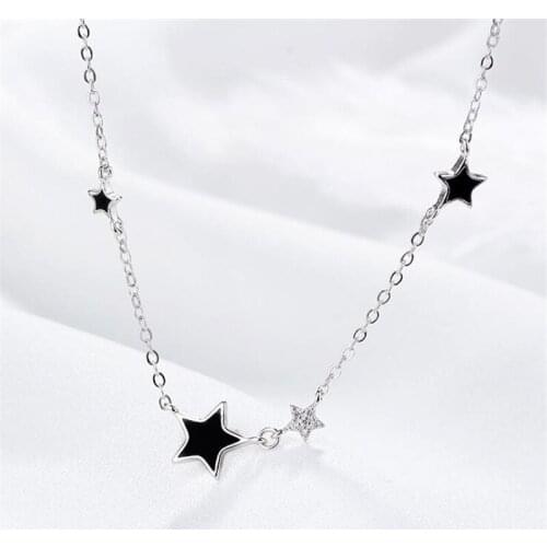 New Fashion Black Epoxy Five-pointed Star Personality Zircon Shining Necklace for Women 925 Sterling Silver Clavicle Chain SN139