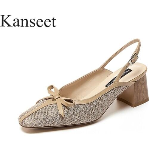 Kanseet Fashion weave Women Sandals Mid Heels Shoes Butterfly-Knot Decoration 2021 Summer New Size 42 Thick Heels Sandals Female