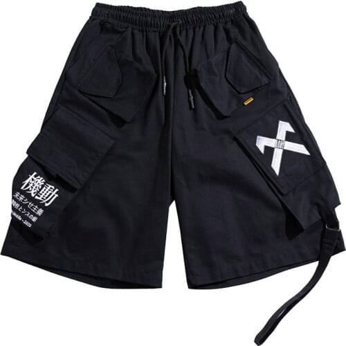 Techwear Embroidery Hip Hop Tactical Cargo Shorts Men Summer Joggers Streetwear Detachable Ribbons Casual Short Pants Joggers