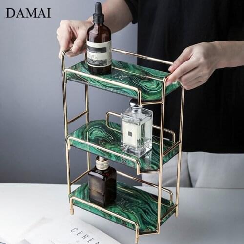 Nordic Modern Cosmetic Display Shelf Natural Marble Double Layer Jewelry Skincare Metal Storage Trays Dressing Table Decoration