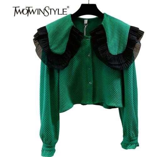 TWOTWINSTYLE Sweet Green Short Womens Shirts Peter Pan Collar Long Sleeve Ruched Korean Fashion Woman Blouses 2021 Autumn Style