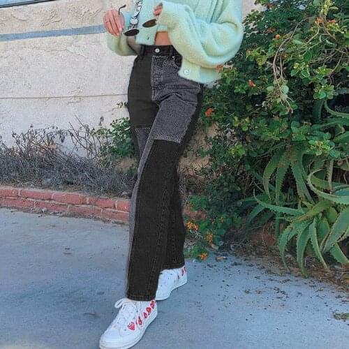 Spring 2021 Women Vintage Baggy Jeans Fashion Asymmetry Patchwork Straight Leg Jeans Lady Casual Loose Blue Denim Pants