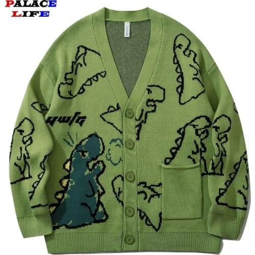 Japanese Mens Knitted Sweater Cardigan Cartoon Dinosaur Pattern Harajuku Oversize Streetwear Loose Cardigan Pullover Women Coat