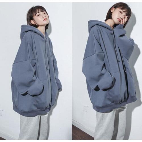 Womens Hooded Sweatshirt Plus Velvet Thickening Harajuku Casual Korean Style Loose Oversized Blouse Solid Color Cotton Y2K Met