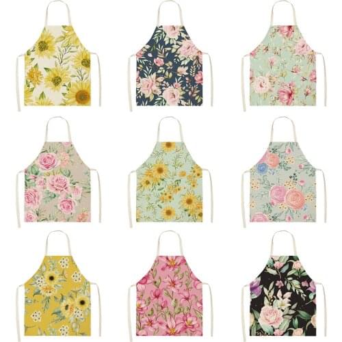 Creative Flower Priinting Women Kitchen Aprons Cooking oil-proof Cotton Linen Antifouling Chef Apron 68*55cm 0161