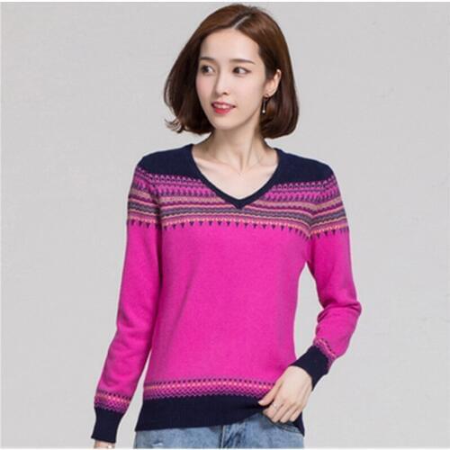 Pure cashmere striped knit women fashion varied collar slim patchwork pullover sweater rose red 2color S-XL