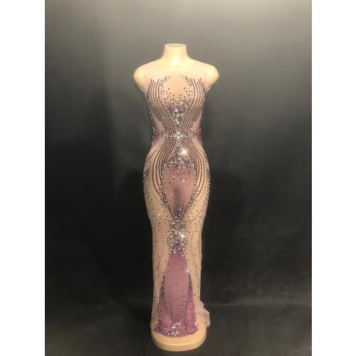 Women Sexy Net Yarn Long Dress Multicolor Glass Sparkling Rhinestone Nightclub Birthday Party Fashion Star Bling Costume Dress