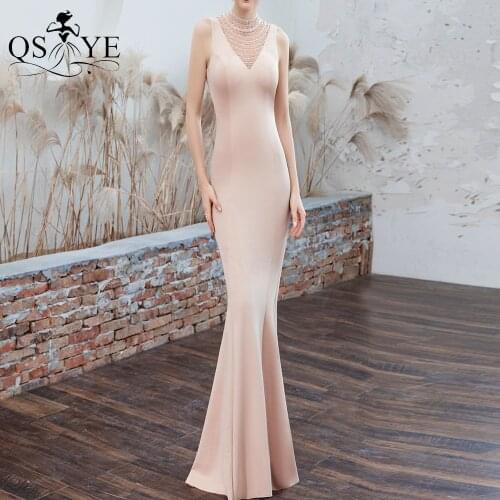 Champagne Evening Dresses Mermaid High Neck Beads Prom Gown Stretch Fit Party Formal Gown Keyhole Back Women Vestido Sleeveless