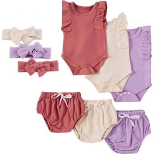 3Pcs Fashionable Baby Girls Outfit, Summer Breathable Solid Color Round Collar Lace Sleeveless Romper + Shorts + Bow Headwear