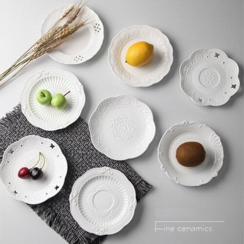 Pure White Relief Ceramic Plate 6-inch European Decoration Wedding Party Buffet Pasta Steak Baking Cake Fruit Plate