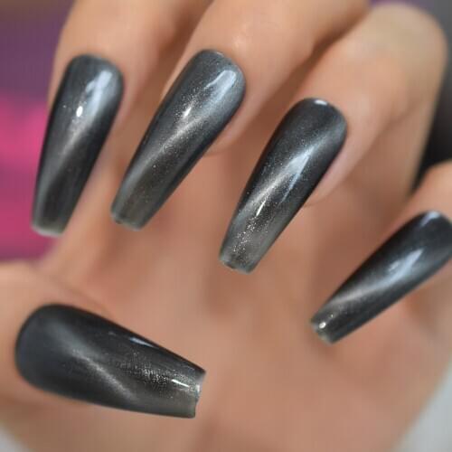 Shiny Bling Black Sky Grey Cat Eyes Ballet Press on False Nails Extra Long Ballerina Coffin Fake UV Fingersnails Easy Wear