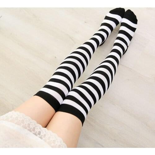 Kawaii Striped Thigh High Stockings Anime Student Cosplay Hosiery Women Girls Sweet Cotton Over Knee Long Medias