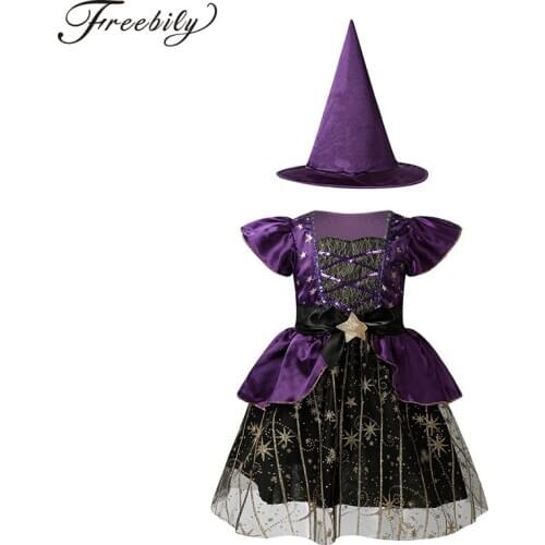Kids Girls Halloween Witch Costume Shiny Sequins Stars Short Sleeves Carnival Cosplay Dress with Pointed Hat Dress Up