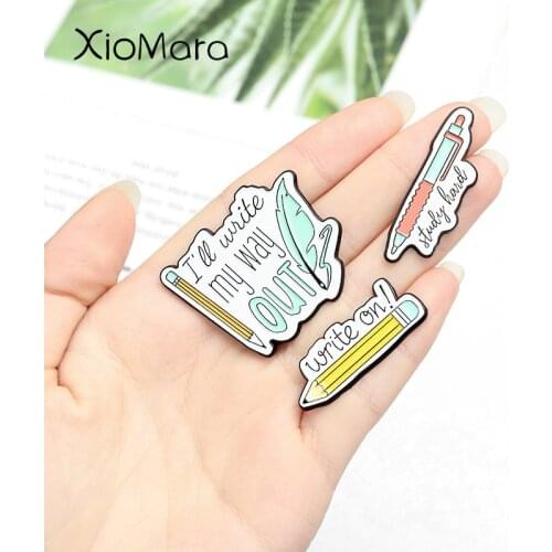 Pencil Enamel Pin Feather Pen Badge Text Brooches Denim Clothes Bags Backpack Jewelry Gift for Teacher Student