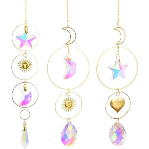 Crystal Star Moon Diamond Prisms Hanging Rainbow Chaser Lighting Accessory for Window Curtain Pendant Home Garden Car Lamp Decor