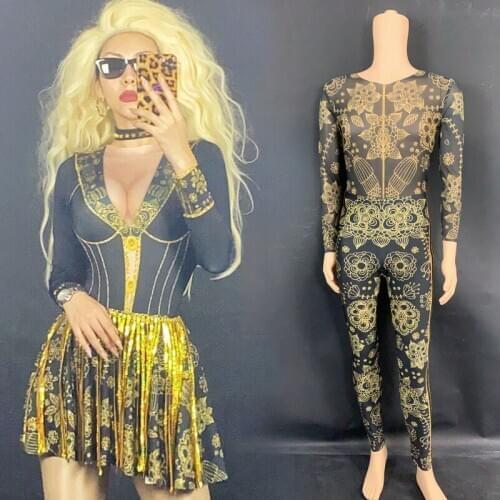 Gold Sequins Fringe Rivets Spandex Short Dress Men Black Printed Jumpsuit Bar Singer Prom Women Dancer Stage Rave Outfit DT2964