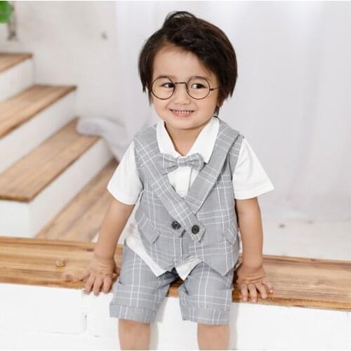 2021 New Summer Arrival Plaid Bowtie Decorated Boys 3-piece vest Suit Set /Flower Boy Clothes/Childrens Birthday Party Wear3252