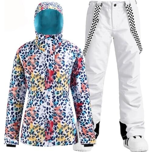Fashion White Leopard Womens Snow Suit Wear Outdoor Sports Ski Costumes Waterproof Snowboard Clothing Sets Jacket + Pant Girls