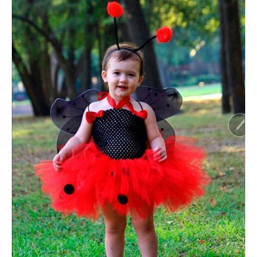 Cute Girls Red Ladybug Tutu Dress Baby 2Layers Crochet Tulle Dress with Black Butterfly Wing Kids Cosplay Costume Party Dresses