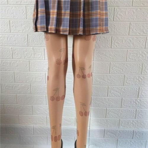 Fashion Womens Mesh Stockings See-Through Tights Cherry Printed Diamond Summer Elastic Tights