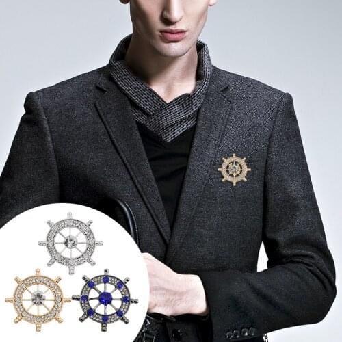 New retro rhinestone navy rudder brooch gold black rudder pin and brooch womens mens suit badge gift