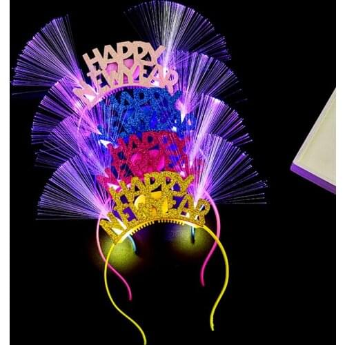 Women Girls Lovely LED Fiber Optic Ear Hair Hoop Glitter Happy New Year Letters Applique Flashing Light Headband Christmas Party