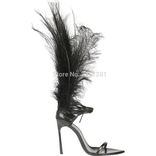 Super Hot Black Feather Sandals Ladies Lace Up High Heels Fashion Gladiator Sandals Bridesmaid Bridal Wedding