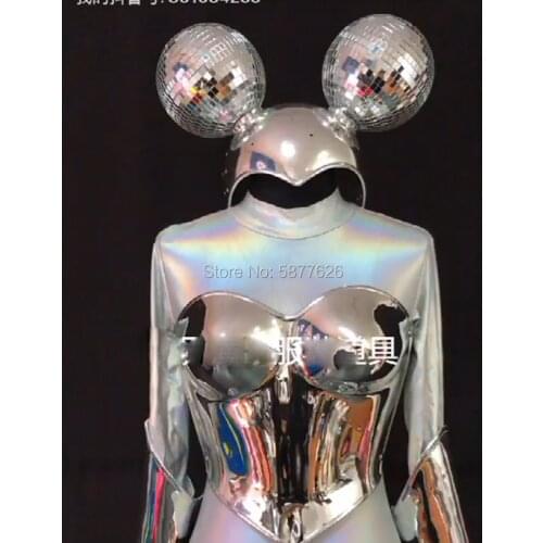 Silver mirror technology mickey cosplay costume future clothing nightclub party bar dance wear