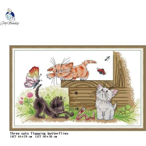 Three Cats Catching Butterflies Cartoon Animal Pattern Cross Stitch Kit 14CT 11CT Canvas Printing Embroidery DIY Sewing Crafts