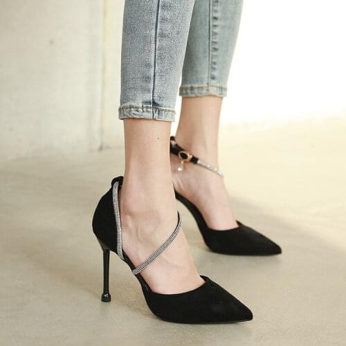 Pumps Mary Janes Single Shoes Woman High Heels Suede Hollow Outs Drill Buckle Thin Heels Brides Party Shoes Sandalias Femininas