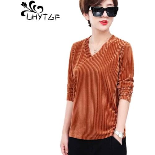 UHYTGF Autumn T-Shirt Women High-End Corduroy Casual Top Female Long-Sleeved Pullover Loose 5XL Plus Size Bottoming Clothes 2039