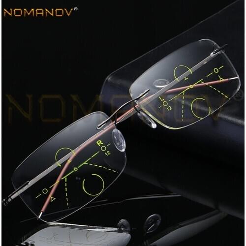 Ultra-light Rimless Black and Grey Frame Fashion Men Women Progressive Multi-focus Reading Glasses Add 75 100 125 150 175 to 400