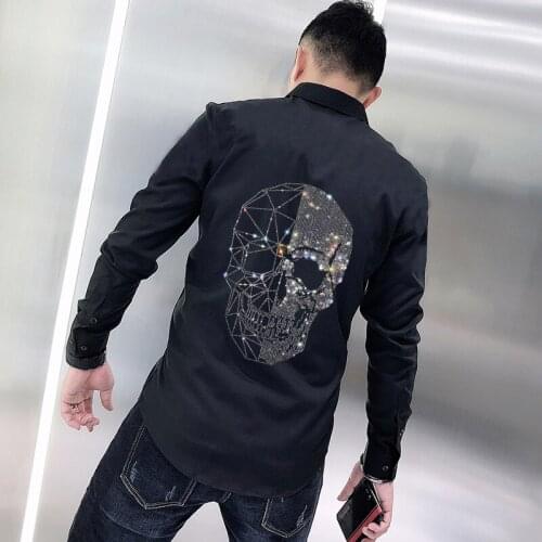Spring Mens T-Shirt Exquisite Rhinestone Style Skull Design Lapel Long Sleeve Slim Classic Business