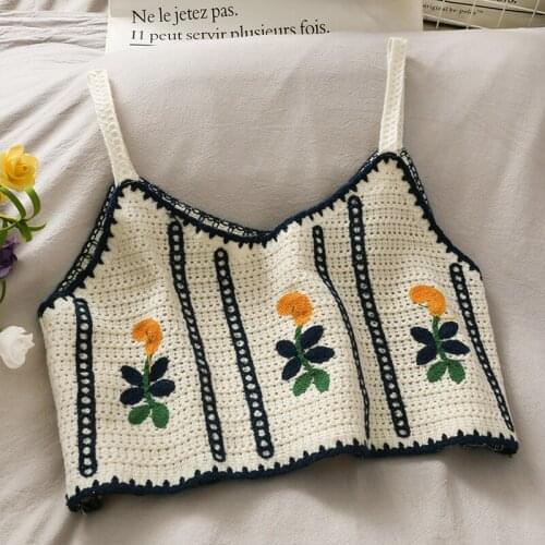 2021 Summer Womens Blouse Korean Style Retro Striped Embroidery Short Knitted Suspender Top New Slim waist Female Tops DE632