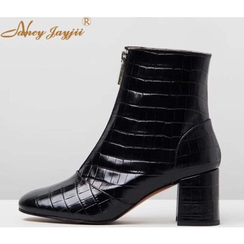 Nancyjayjii Women Adult Boots Black Solid Patent Leather Ankle zipper Pointed Toe High Square heels Sexy Mature Concise 2019