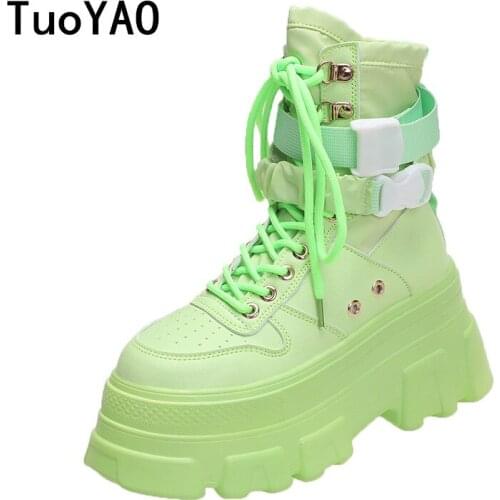 Black Punk Ankle Platform Motorcycle Boots 2021 Green Women Lace up Chunky Comfortable Wedge Heel Buckle Designer Shoes Women