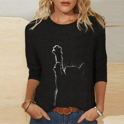 40#mujer camisetas Women Autumn Winter Tops Loose Cute Cat Print Causal Long Sleeve Elegant T-shirt Top Spring Pullover T-Shirts