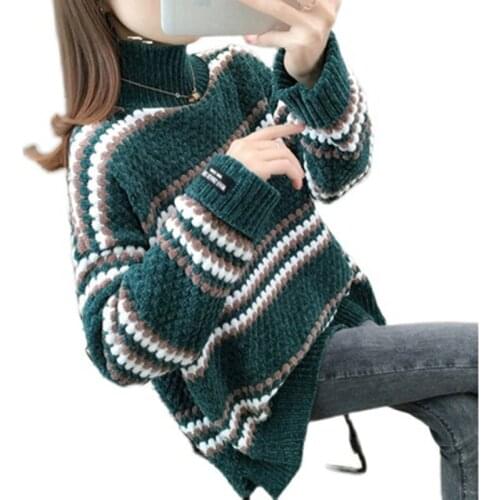 Women Winter Sweater Striped Contrasting Color Sweaters Vintage Turtleneck Long Sleeve Thicken Knitwear Pullovers Women Clothes