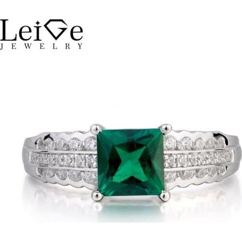 Leige Jewelry Anniversary Ring Emerald Ring May Birthstone Ring Princess Cut Green Gemstone 925 Sterling Silver Gifts for Women