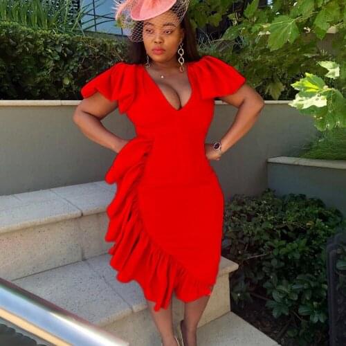 Women Bodycon Dress Short Sleeve High Waist V Neck Ruffles Office Lady Classy Work Wear Evening Party Robe Plus Size Summer New