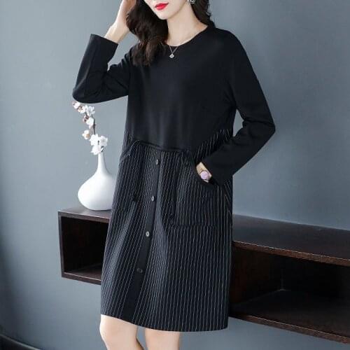 Plus Size Women Dress Autumn Fashion Long Sleeve Patchwork Striped Button Long A-line Dresses Casual Office Ladies Vestidos