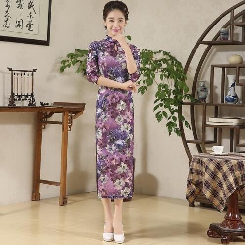 Middle Sleeve Women Cheongsam Dress Lady Long Chinese Traditional Dress Flower Velvet Long Qipao China Chinese Dress 89