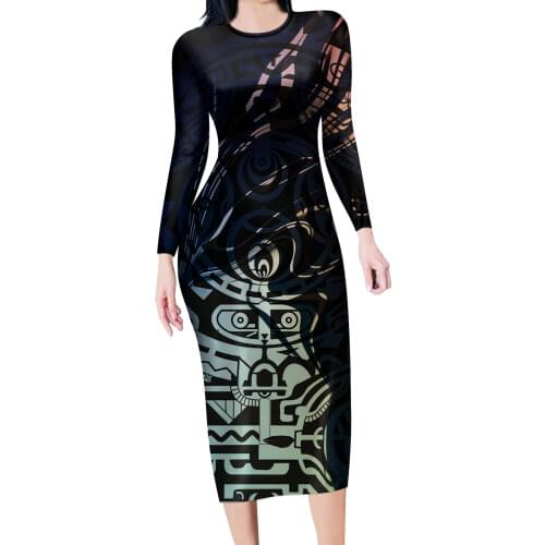 Samoa Dwayne Johnson Same Tattoos Colorful Pattern Femme O-neck Long Sleeve Sexy Dresses For Women Elegant Club Party Vestido