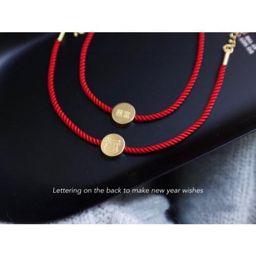 18K import Solid Yellow Gold Jewelry(AU750) Women Lovers Zodiac Coin Red String Lettering Bracelet Fashion Lady Valentines