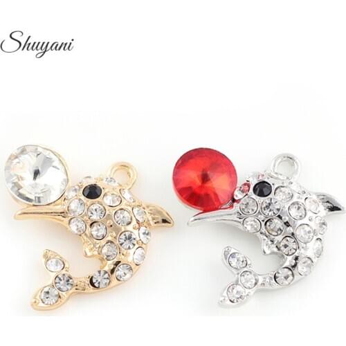 27*27mm 2 Colors Silver Gold Rhinestone Dolphin Dangle Charms Pendant Fashion Jewelry Making Findings DIY Charms Handmade
